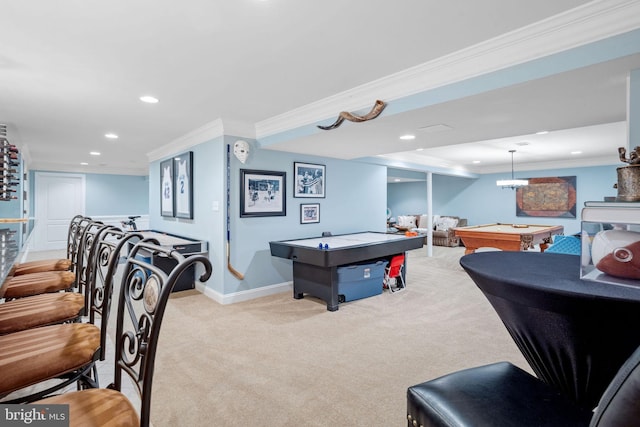 recreation room with light colored carpet, crown molding, and pool table