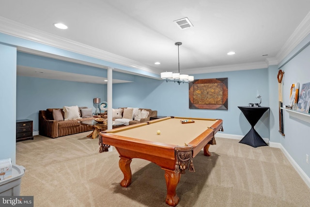 recreation room with light colored carpet, ornamental molding, and pool table