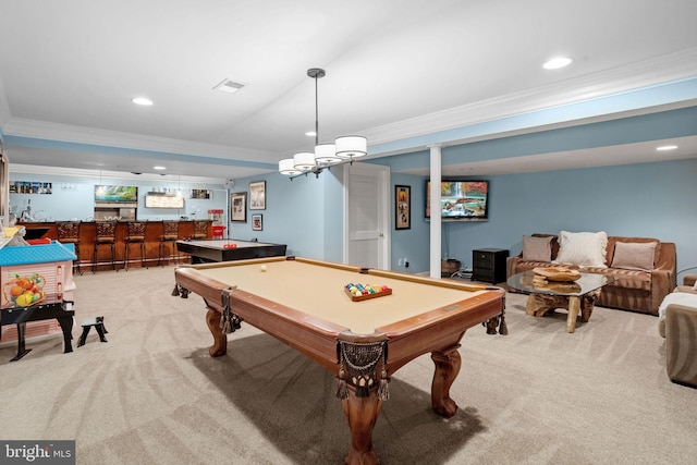 recreation room with light colored carpet, bar, crown molding, and pool table