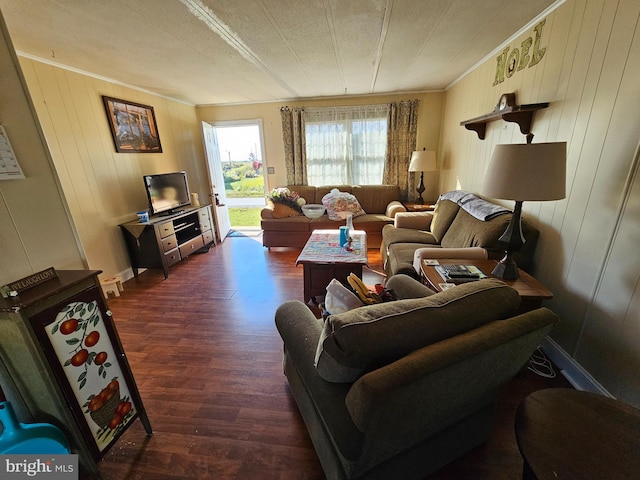 living room with dark hardwood / wood-style floors, ornamental molding, and a textured ceiling