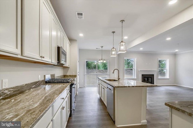 kitchen featuring dark hardwood / wood-style flooring, a center island with sink, stainless steel appliances, light stone countertops, and sink