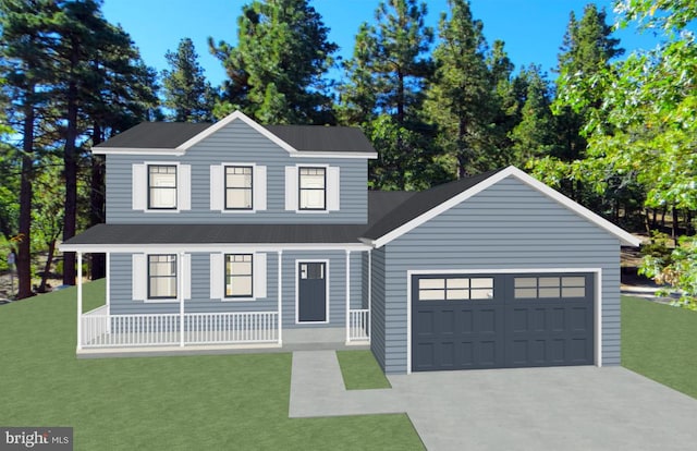 view of front property featuring a front lawn, covered porch, and a garage