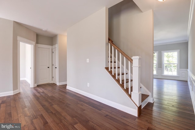 stairway with crown molding and hardwood / wood-style floors