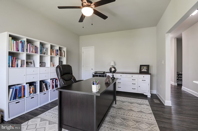 office with ceiling fan and dark hardwood / wood-style floors