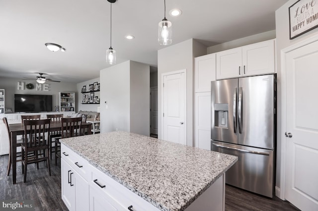 kitchen featuring white cabinets, stainless steel fridge with ice dispenser, dark hardwood / wood-style flooring, and ceiling fan