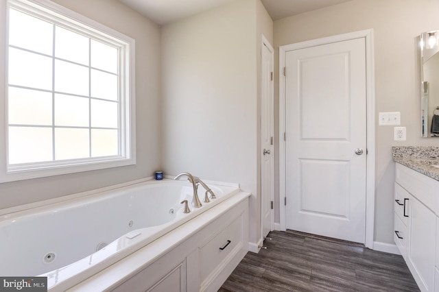 bathroom featuring a bath, a wealth of natural light, vanity, and wood-type flooring