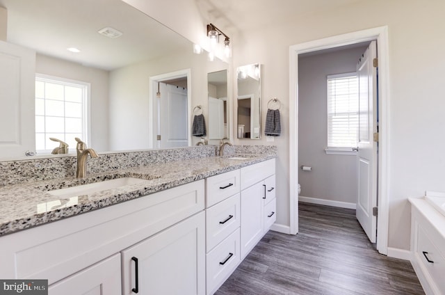 bathroom with hardwood / wood-style flooring, vanity, and toilet