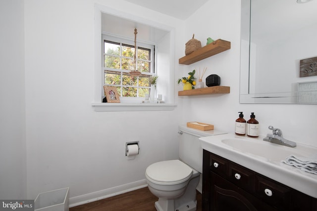 bathroom with toilet, vanity with extensive cabinet space, and wood-type flooring