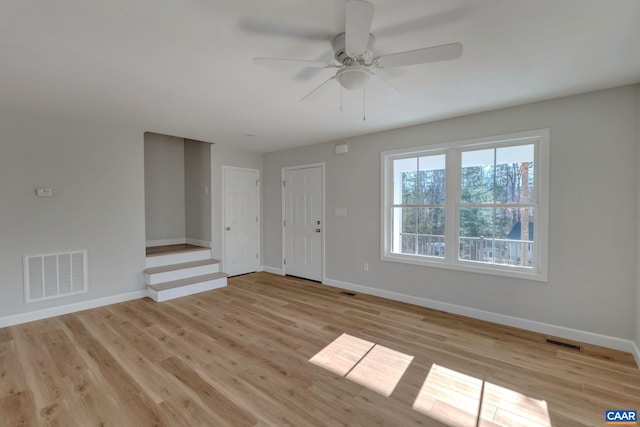 empty room featuring ceiling fan and light hardwood / wood-style flooring