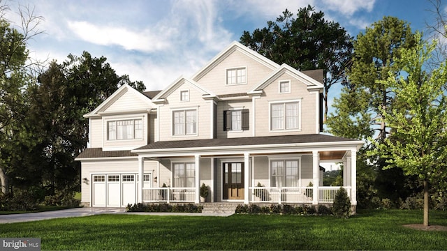 view of front of house featuring a porch, a garage, and a front lawn