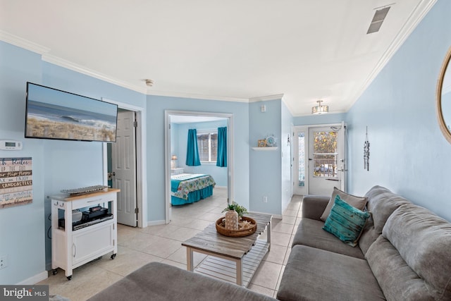 living room with light tile floors and ornamental molding