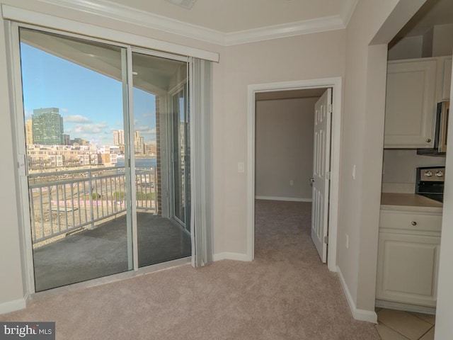 interior space featuring light carpet and ornamental molding