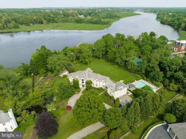 bird's eye view with a water view