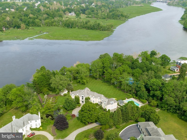 drone / aerial view featuring a water view