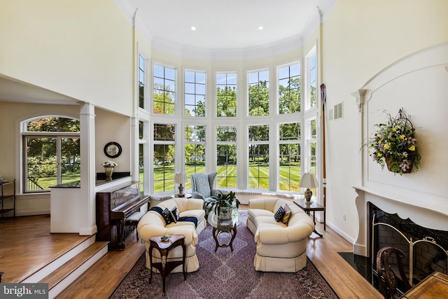 living room with a high ceiling, hardwood / wood-style floors, and ornamental molding