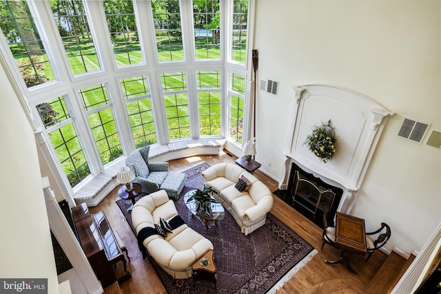 living room featuring hardwood / wood-style flooring and a high ceiling