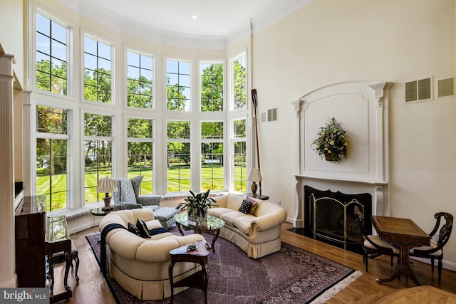 living room featuring crown molding, dark hardwood / wood-style floors, and a high ceiling