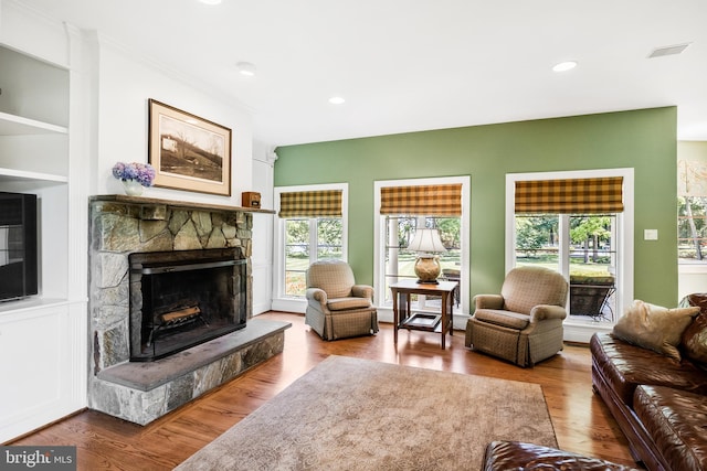 living room featuring light wood-type flooring and a fireplace