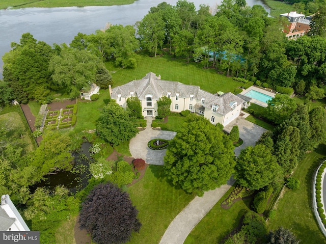 drone / aerial view featuring a water view