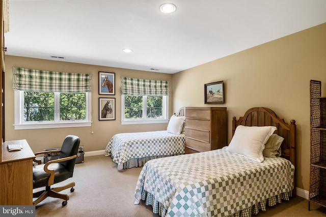 bedroom with light carpet