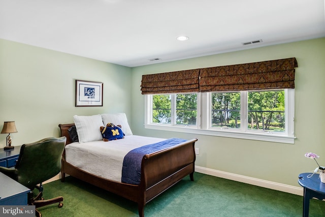 bedroom featuring multiple windows and dark colored carpet