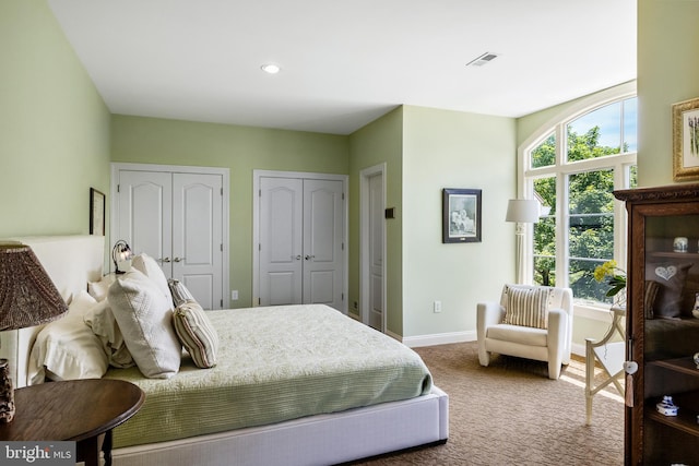 carpeted bedroom with two closets