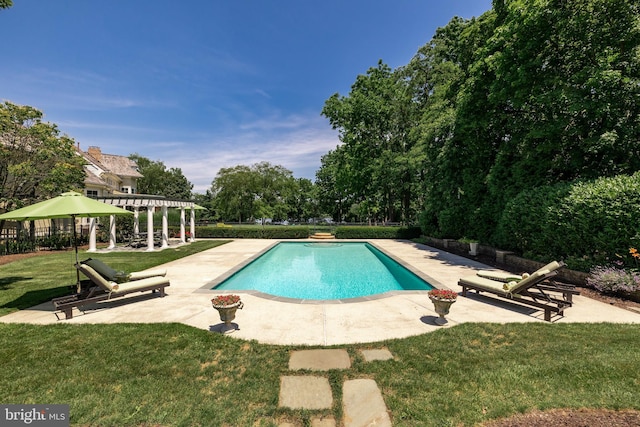 view of pool featuring a lawn, a pergola, and a patio area