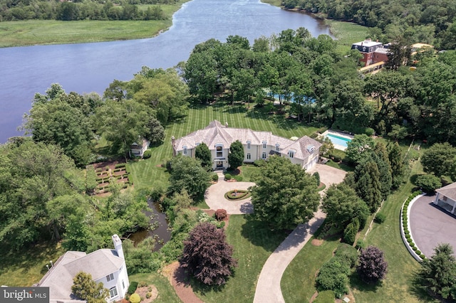 aerial view featuring a water view