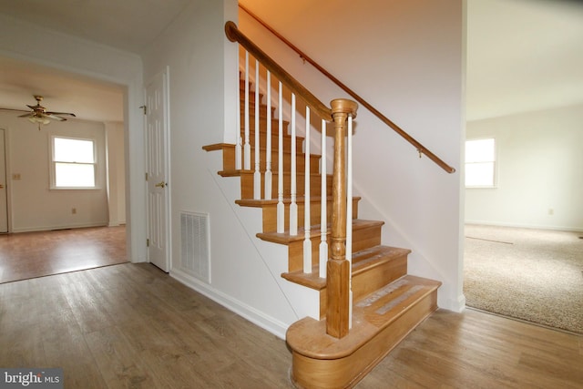 staircase with hardwood / wood-style floors and ceiling fan