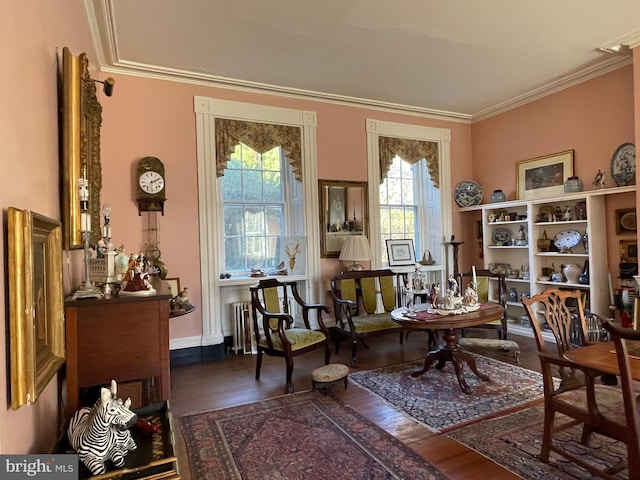 sitting room with radiator heating unit, dark wood-type flooring, and crown molding