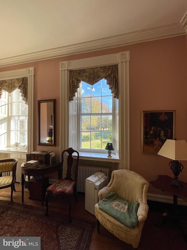 sitting room featuring radiator heating unit, crown molding, and hardwood / wood-style floors