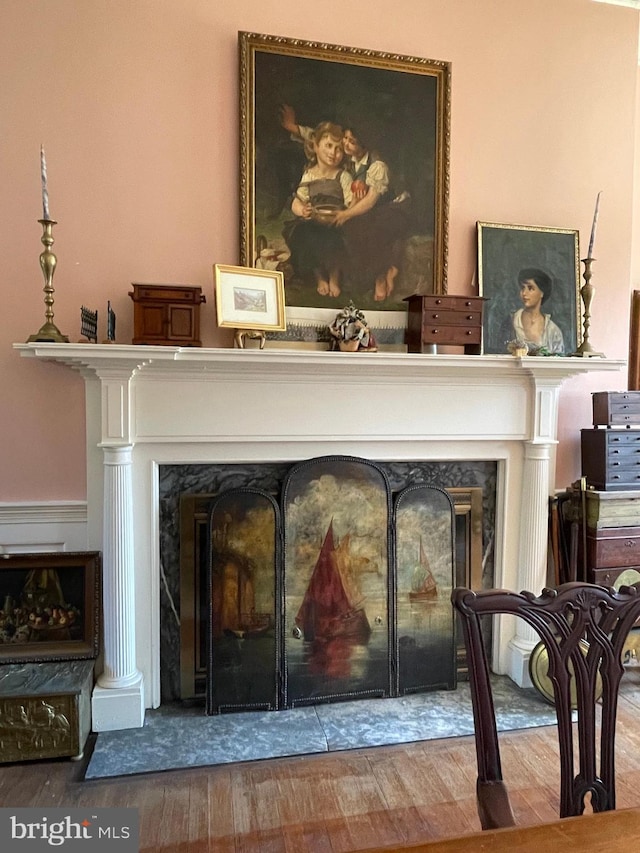 details with a fireplace and hardwood / wood-style flooring