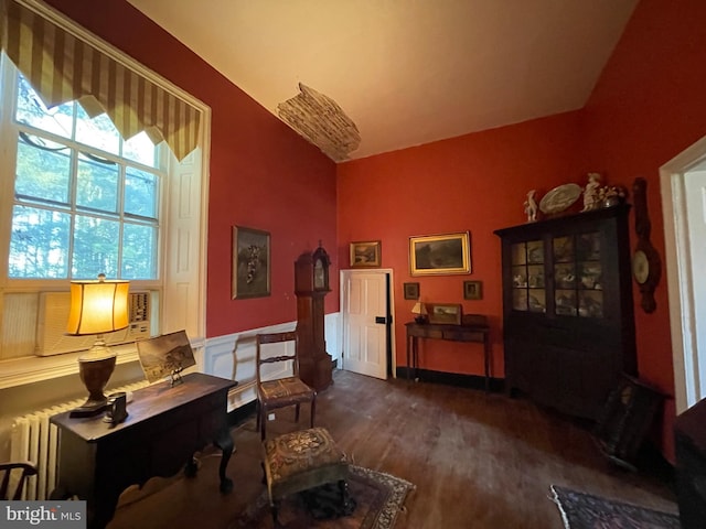 living area with dark hardwood / wood-style floors and radiator heating unit