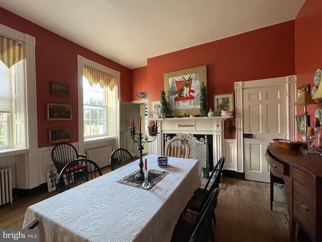 dining area with radiator heating unit and dark wood-type flooring