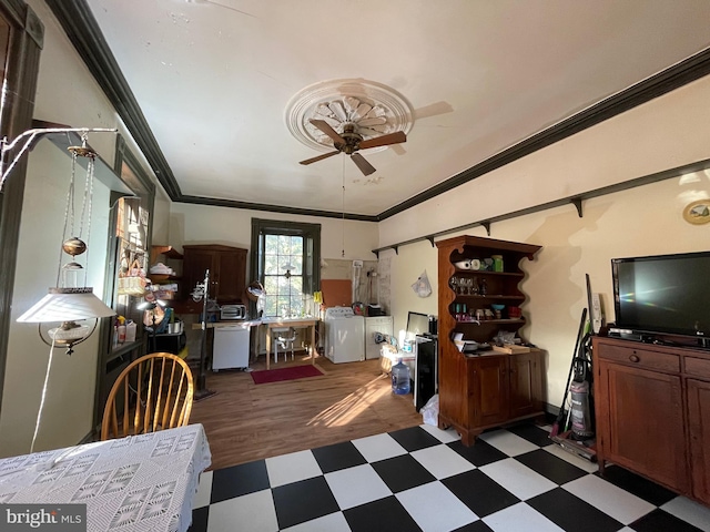 kitchen featuring ceiling fan, crown molding, light hardwood / wood-style flooring, and white dishwasher