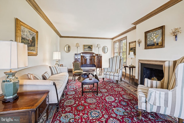 living room featuring wood-type flooring and ornamental molding