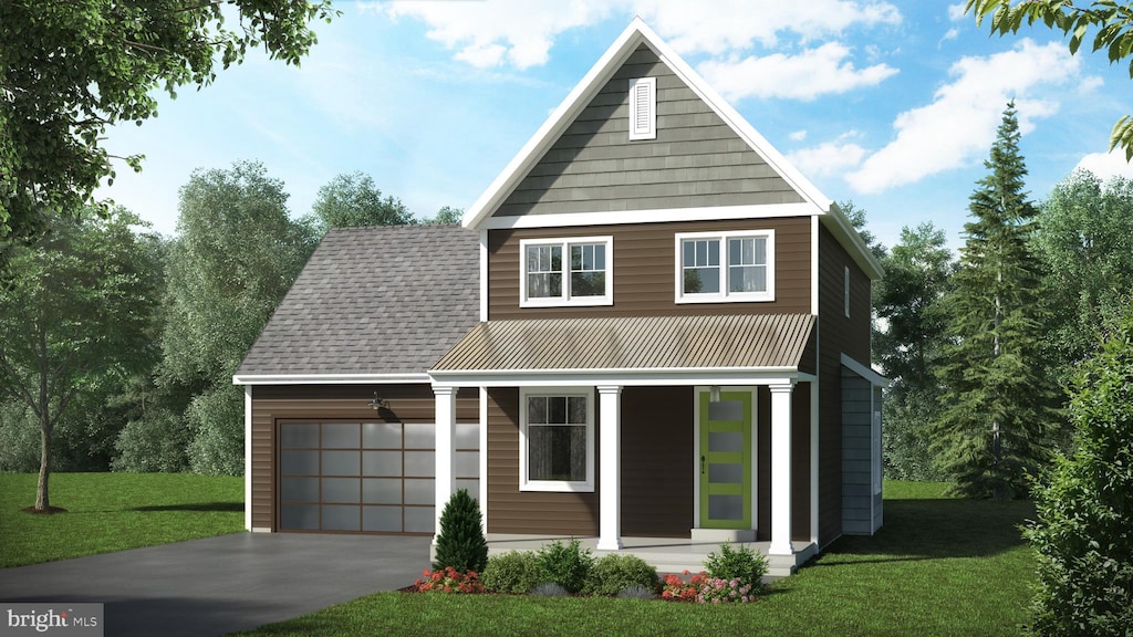 view of front of house featuring a front yard, covered porch, and a garage