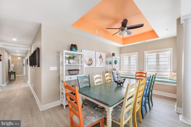 dining room featuring a raised ceiling, ceiling fan, and light wood-type flooring