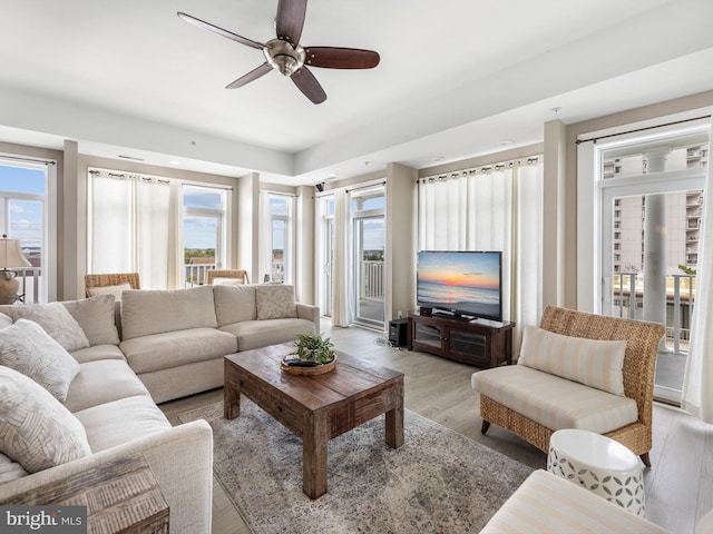 living room featuring a healthy amount of sunlight, ceiling fan, and light wood-type flooring