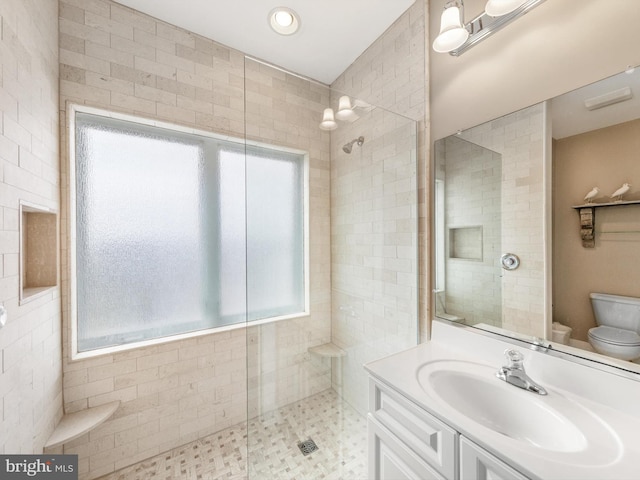 bathroom featuring vanity, toilet, a tile shower, and a healthy amount of sunlight