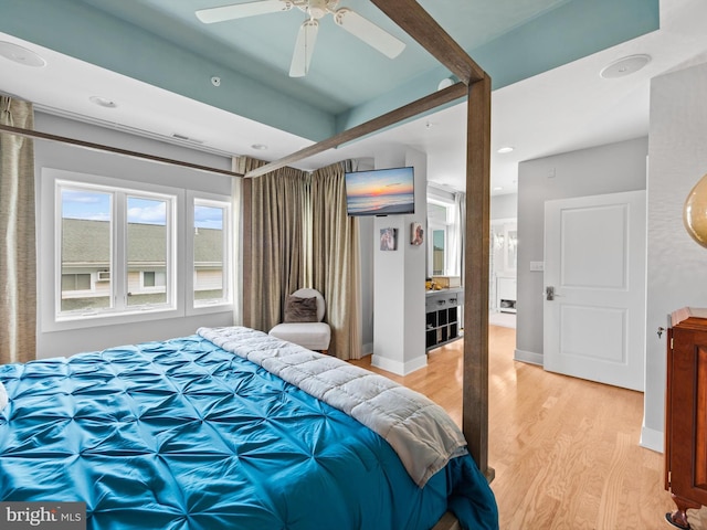 bedroom featuring ceiling fan and light hardwood / wood-style floors