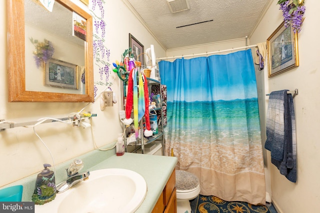 bathroom with toilet, a textured ceiling, and vanity with extensive cabinet space