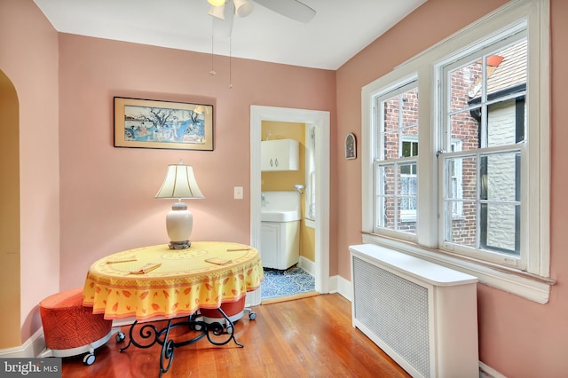 dining room with ceiling fan, light hardwood / wood-style floors, and radiator