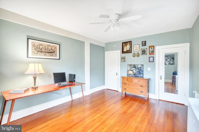 unfurnished office featuring ceiling fan and light wood-type flooring