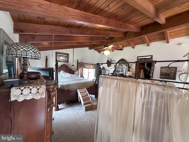 bedroom featuring vaulted ceiling with beams, wood-type flooring, and wood ceiling