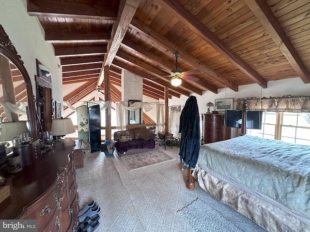 bedroom with carpet flooring, vaulted ceiling with beams, and wooden ceiling