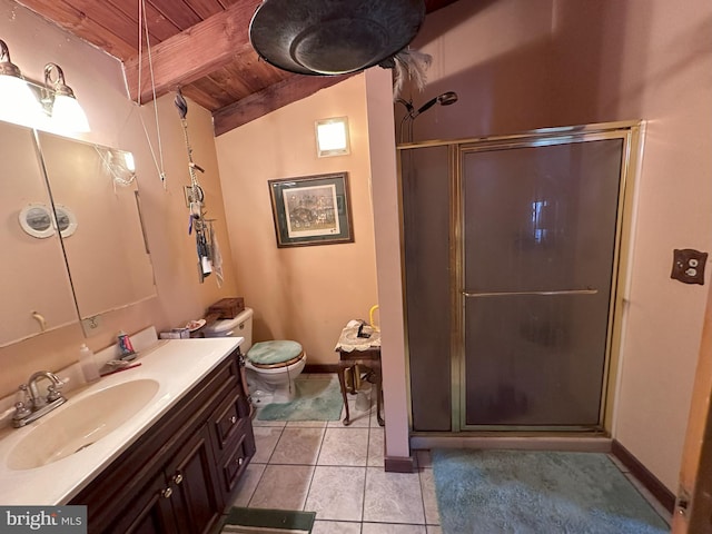 bathroom featuring tile patterned floors, vaulted ceiling, an enclosed shower, vanity, and wood ceiling