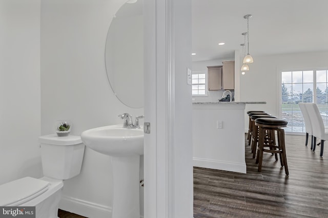 bathroom with toilet, a healthy amount of sunlight, and hardwood / wood-style floors