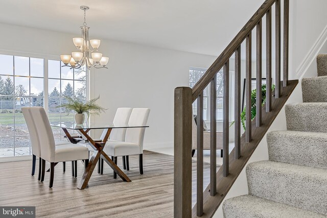 dining area with a chandelier, plenty of natural light, and light hardwood / wood-style floors