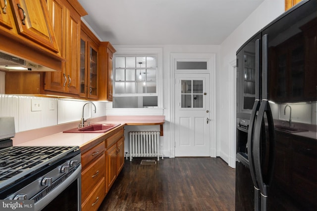 kitchen with sink, range, dark hardwood / wood-style floors, and radiator